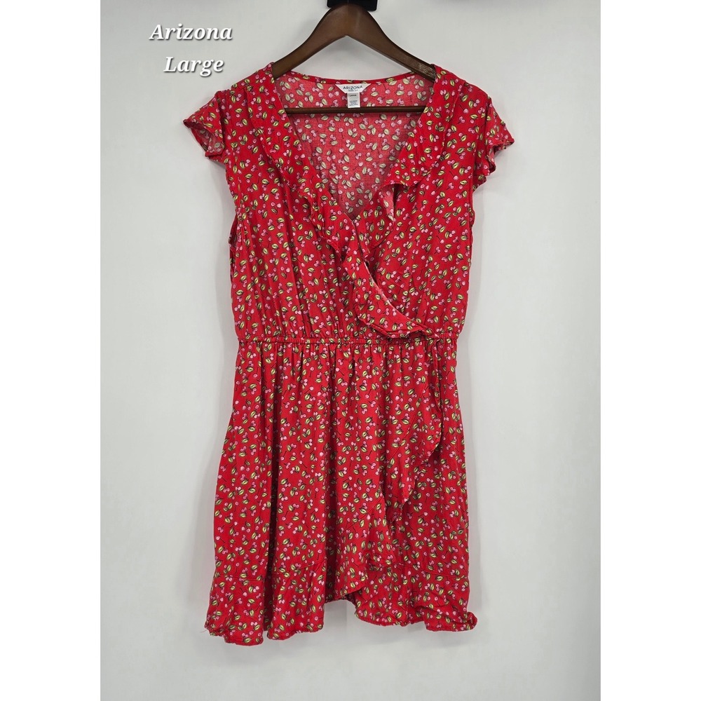 Y2K Arizona Jean Co Cherry‎ Print Faux Wrap Dress L Cottagecore Coquette Picnic